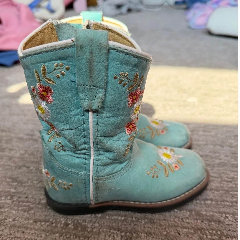 Smoky Mountain Boots Toddler Girls Turquoise Leather Floral Daisy Western Size 7
